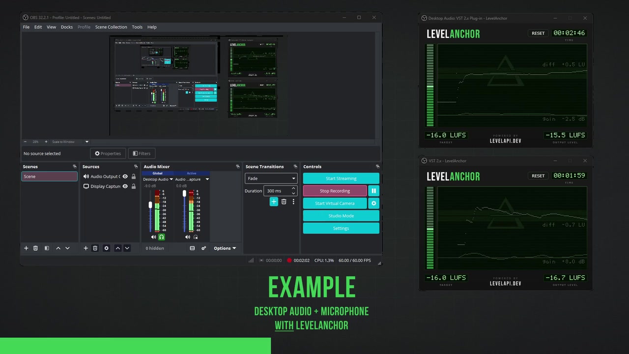 OBS Studio with LevelAnchor running on Desktop Audio and on the microphone, both held on a -16.0 LUFS target